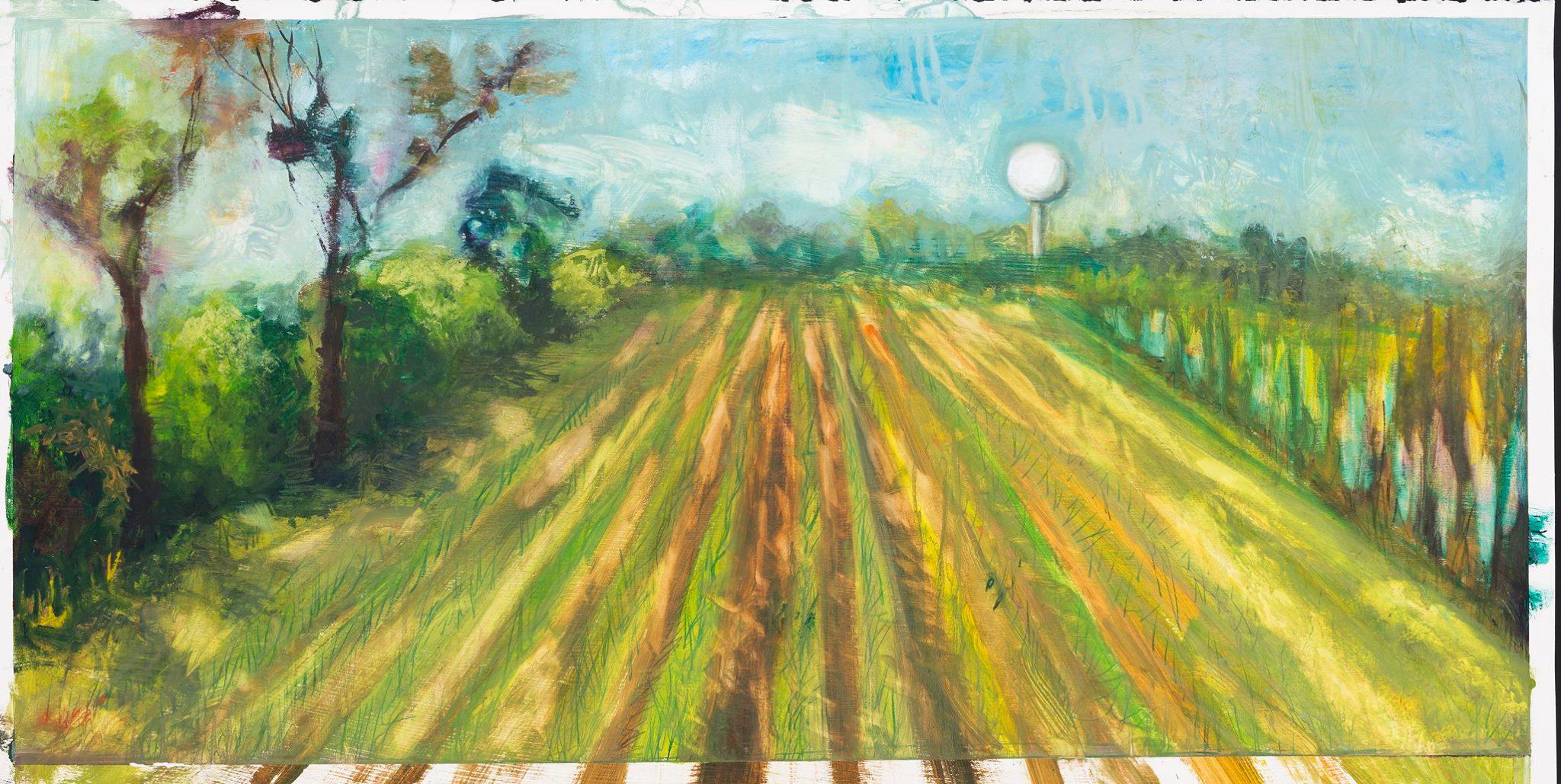 Thibodaux Sugarcane Field, a painting by Gina Phillips, from the show Crow Valley at Jonathan Ferrara Gallery, 2018.